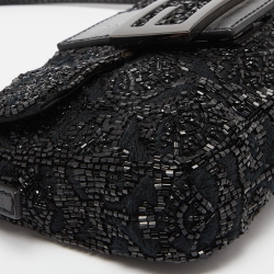 Pre Owned Fendi Black Zucca Canvas and Lizard Embossed Leather Beaded Baguette Bag