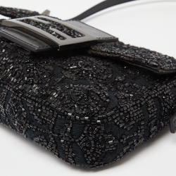 Pre Owned Fendi Black Zucca Canvas and Lizard Embossed Leather Beaded Baguette Bag