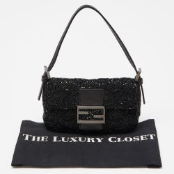Pre Owned Fendi Black Zucca Canvas and Lizard Embossed Leather Beaded Baguette Bag