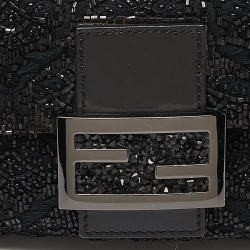 Pre Owned Fendi Black Zucca Canvas and Lizard Embossed Leather Beaded Baguette Bag