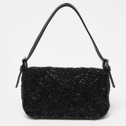 Pre Owned Fendi Black Zucca Canvas and Lizard Embossed Leather Beaded Baguette Bag