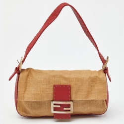 Pre Owned Fendi Beige/Red Canvas and Leather Flap Baguette Bag