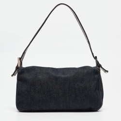 Pre Owned Fendi Navy Blue Denim Baguette Flap Bag