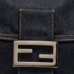 Pre Owned Fendi Navy Blue Denim Baguette Flap Bag