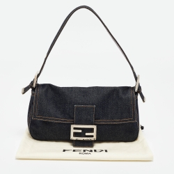 Pre Owned Fendi Navy Blue Denim Baguette Flap Bag