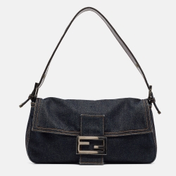 Pre Owned Fendi Navy Blue Denim Baguette Flap Bag