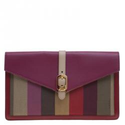 Pre Owned Fendi Magenta Leather and Pequin Canvas Envelope Clutch