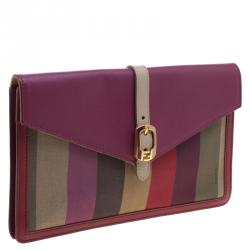 Pre Owned Fendi Magenta Leather and Pequin Canvas Envelope Clutch
