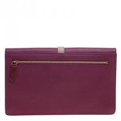 Pre Owned Fendi Magenta Leather and Pequin Canvas Envelope Clutch