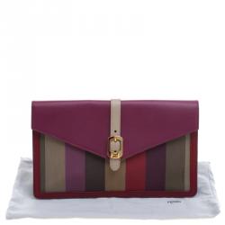Pre Owned Fendi Magenta Leather and Pequin Canvas Envelope Clutch