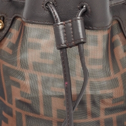 Pre Owned Fendi Choco Brown Zucca Mesh Nylon and Leather Mini Mon Tresor Bucket Bag