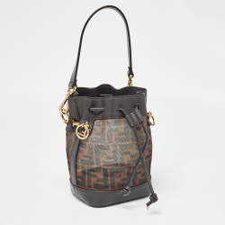 Pre Owned Fendi Choco Brown Zucca Mesh Nylon and Leather Mini Mon Tresor Bucket Bag