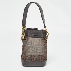 Pre Owned Fendi Choco Brown Zucca Mesh Nylon and Leather Mini Mon Tresor Bucket Bag
