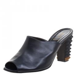 Pre Owned Fendi Black Leather Spike Heel Mules Size 37.5