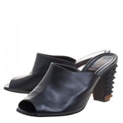 Pre Owned Fendi Black Leather Spike Heel Mules Size 37.5