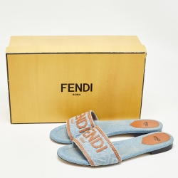 Pre Owned Fendi Blue/Brown Denim and Leather Signature Flat Slides Size 38.5