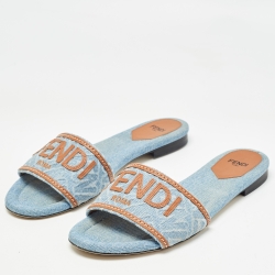 Pre Owned Fendi Blue/Brown Denim and Leather Signature Flat Slides Size 38.5