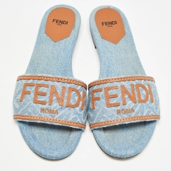 Pre Owned Fendi Blue/Brown Denim and Leather Signature Flat Slides Size 38.5