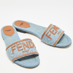 Pre Owned Fendi Blue/Brown Denim and Leather Signature Flat Slides Size 38.5