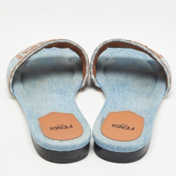Pre Owned Fendi Blue/Brown Denim and Leather Signature Flat Slides Size 38.5