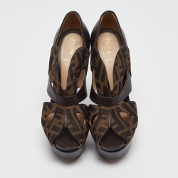 Pre Owned Fendi Tobacco Zucca Canvas and Leather Liberty Platform Sandals Size 37.5