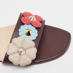 Pre Owned Fendi Burgundy Leather Flowerland Flat Slides Size 42