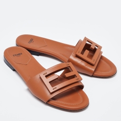Fendi Brown Leather Flat Slides Size 37
