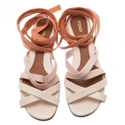 مملوكة مسبقًا Fendi Cream Leather Lily Ankle Wrap Sandals Size 38.5