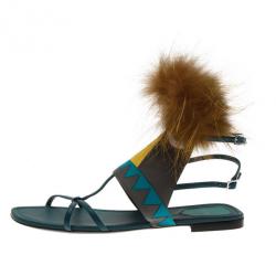 Pre Owned Fendi Blue Leather Fur Trim Bug Sandals Size 41