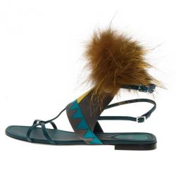 Pre Owned Fendi Blue Leather Fur Trim Bug Sandals Size 41