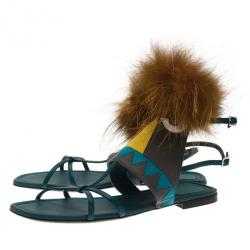 Pre Owned Fendi Blue Leather Fur Trim Bug Sandals Size 41
