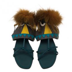 Pre Owned Fendi Blue Leather Fur Trim Bug Sandals Size 41