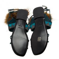 Pre Owned Fendi Blue Leather Fur Trim Bug Sandals Size 41