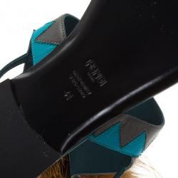 Pre Owned Fendi Blue Leather Fur Trim Bug Sandals Size 41