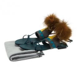 Pre Owned Fendi Blue Leather Fur Trim Bug Sandals Size 41