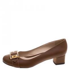 Pre Owned Fendi Brown Leather FF Buckle Pumps Size 40