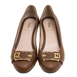 Pre Owned Fendi Brown Leather FF Buckle Pumps Size 40