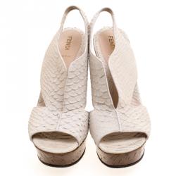 Pre Owned Fendi Off White Embossed Python Leather Cork Wedge Sandals Size 39