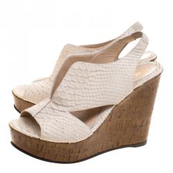 Pre Owned Fendi Off White Embossed Python Leather Cork Wedge Sandals Size 39