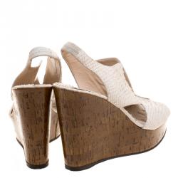 Pre Owned Fendi Off White Embossed Python Leather Cork Wedge Sandals Size 39