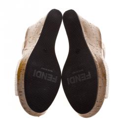 Pre Owned Fendi Off White Embossed Python Leather Cork Wedge Sandals Size 39