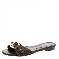 Pre Owned Fendi Tobacco Zucca Canvas Logo Disk Flat Slides Size 36