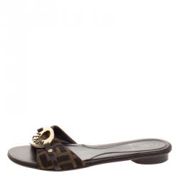 Pre Owned Fendi Tobacco Zucca Canvas Logo Disk Flat Slides Size 36