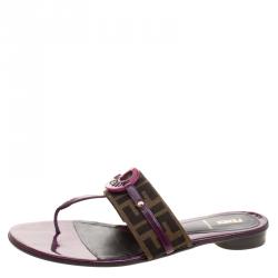 Pre Owned Fendi Purple Leather and Zucca Canvas Flat Thong Sandals Size 41.5