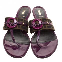 Pre Owned Fendi Purple Leather and Zucca Canvas Flat Thong Sandals Size 41.5