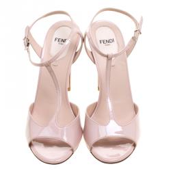 Pre Owned Fendi Beige Patent Leather Encaged T-strap Sandals Size 37