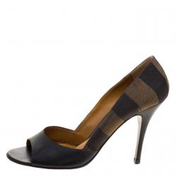 Pre Owned Fendi Black Leather and Striped Canvas Pequin Open Toe Pumps Size 40