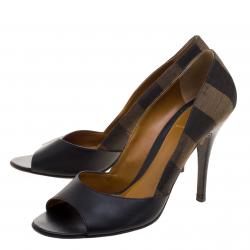 Pre Owned Fendi Black Leather and Striped Canvas Pequin Open Toe Pumps Size 40
