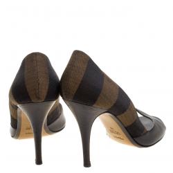 Pre Owned Fendi Black Leather and Striped Canvas Pequin Open Toe Pumps Size 40