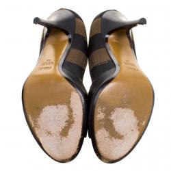 Pre Owned Fendi Black Leather and Striped Canvas Pequin Open Toe Pumps Size 40